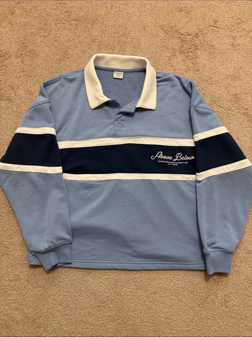 Cotton On Light Blue & Navy Rugby Sweater with Cream Accents